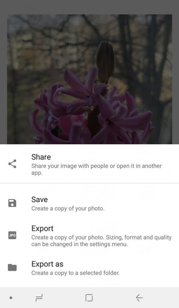 Išsaugoti redaguotą nuotrauką android telefone per snapseed